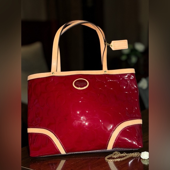 Coach Red Patent Leather Embossed Tote Bag | Tan Leather Trim | Shoulder Bag